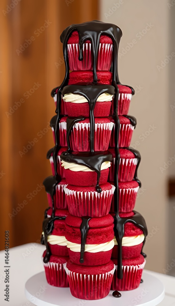 Poster high angle view of a towering red velvet cupcake display with cream cheese frosting and chocolate dr