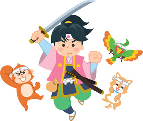 桃太郎と仲間がジャンプしている