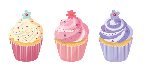 Set of cute Colorful Cupcakes  with Frosting and Flowers, Cute Strawberry Muffin- Vector Illustration