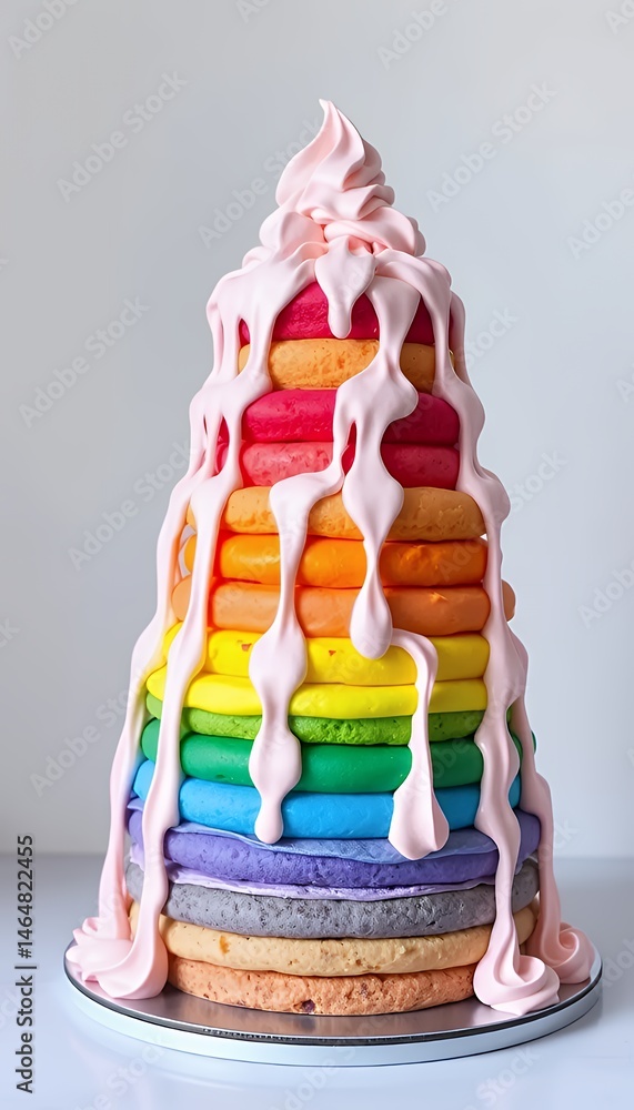 Poster multi layered rainbow cake with pink icing drips on a white background from low angle view point fea