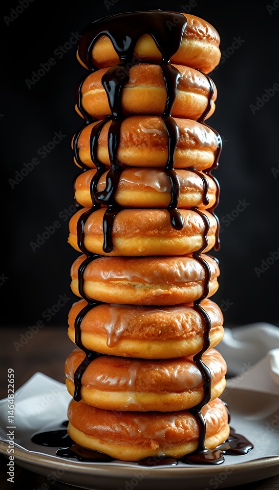 Poster overhead view of stacked glazed donuts with dark chocolate syrup drizzled on a rustic plate against 