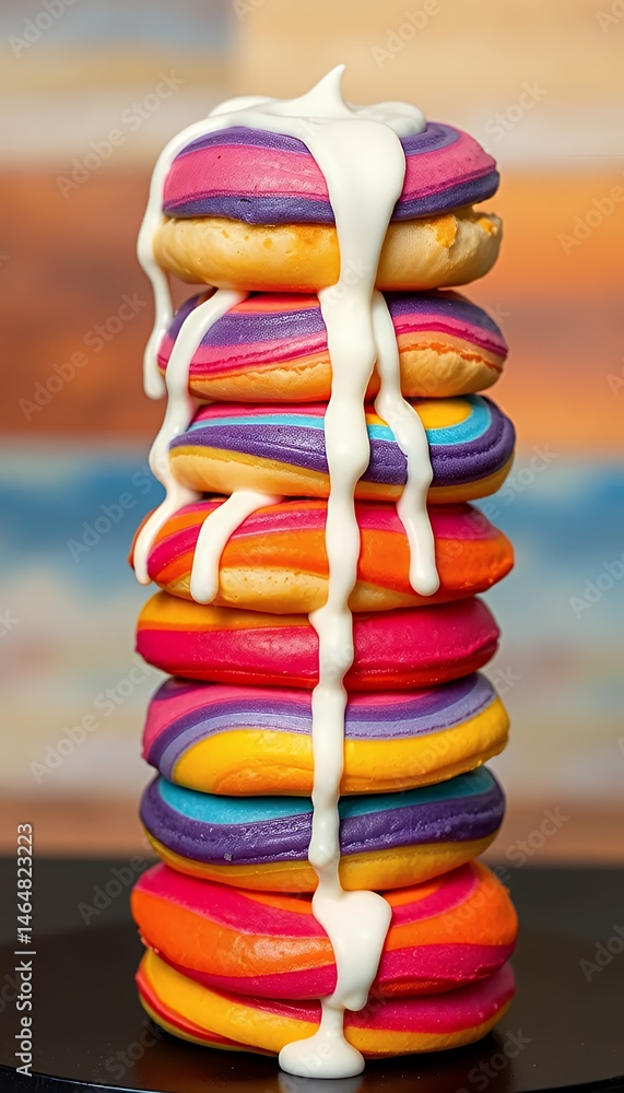 Aufkleber stack of colorful striped doughnuts with dripping white cream on black surface with soft blurred bac