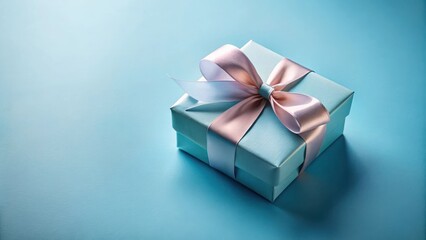 Fototapeta premium A delicately tied pastel pink ribbon adorns a light blue gift box, symbolizing a thoughtful present or special occasion.