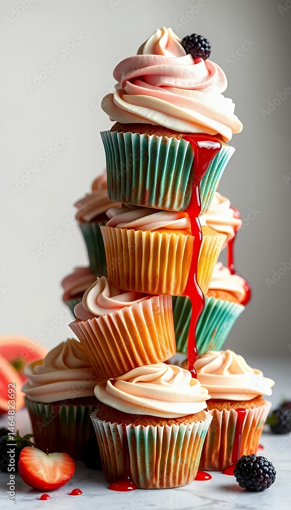 Poster stack of frosted cupcakes with berries and syrup drizzle in front of a neutral background with brigh