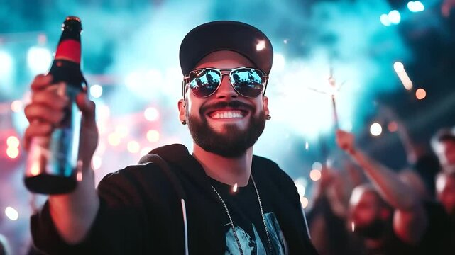 Excited fan lifts beer bottle with sparkler attached, stage in background erupts with light and sound