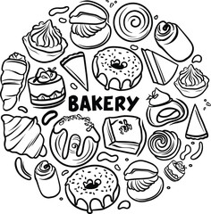 set of doodle elements, Bakery Stickers Hand Drawn Doodle Coloring Vector, Set of hand drawn bread buns and pastries isolated on a white background