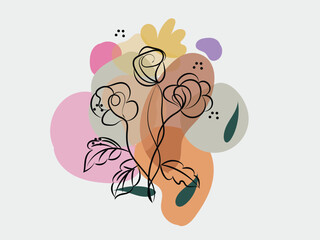 Abstract Floral Illustration with Line Art Flowers and Pastel Organic Shapes