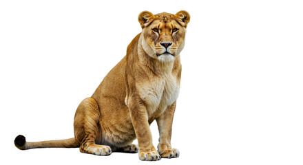 Obraz premium Calm lioness with smooth coat, sitting gracefully and looking directly at camera, full body isolated on white