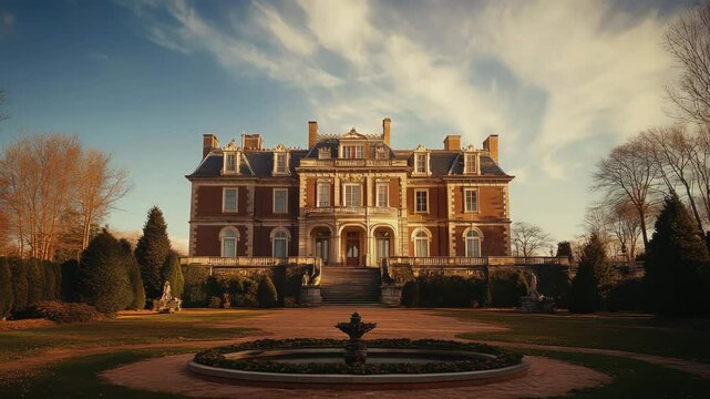 A large brick house with a fountain in the middle of the yard. The house is surrounded by trees and bushes