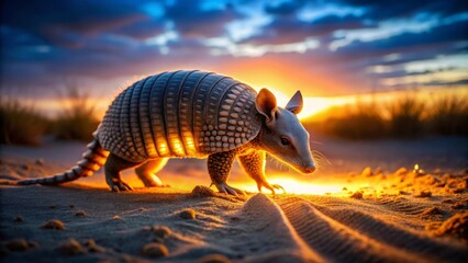 Obraz premium Nine-banded armadillo silhouette at sunset, illuminated by the golden hour light, walking on sandy ground
