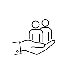 Hand holding two people  on plain white background. Minimalistic vector black and white linear icon symbolizing support
