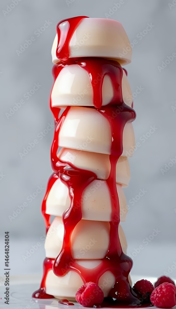Poster stack of mini desserts drizzled with red raspberry sauce in studio setting with neutral background