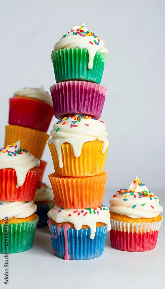 Poster stack of multicolored cupcakes with white frosting and sprinkles on a white background in a high ang