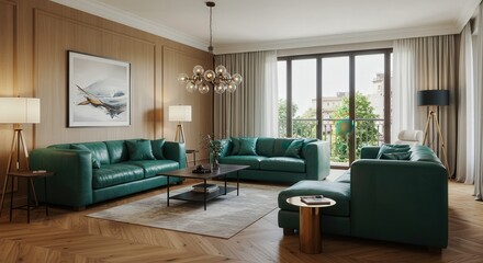 Modern Teal Living Room with Glass Chandelier and City View