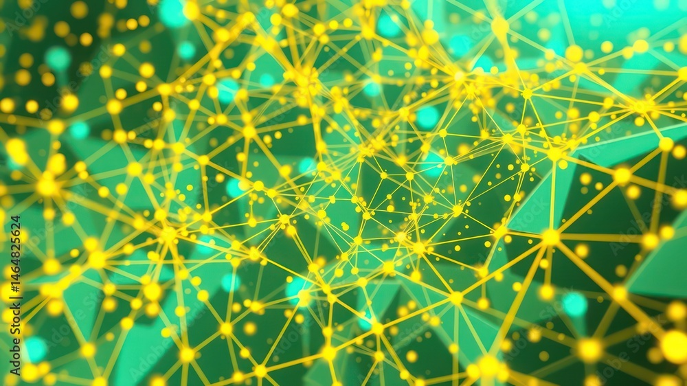 Poster abstract network of interconnected nodes and triangles with vibrant green and yellow hues