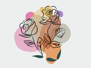Abstract Line Art Roses with Pastel Color Splashes Botanical Illustration
