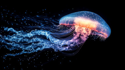 A glowing bioluminescent jellyfish drifts in dark abyssal waters, radiating ethereal sapphire, lavender, and ice-blue light. Its crystal-like bell and luminous tendrils pulse like living circuitry.

