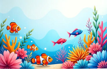 Fototapeta premium shot vibrant underwater scene featuring kaleidoscope colorful sea creatures amidst delicate watercolor