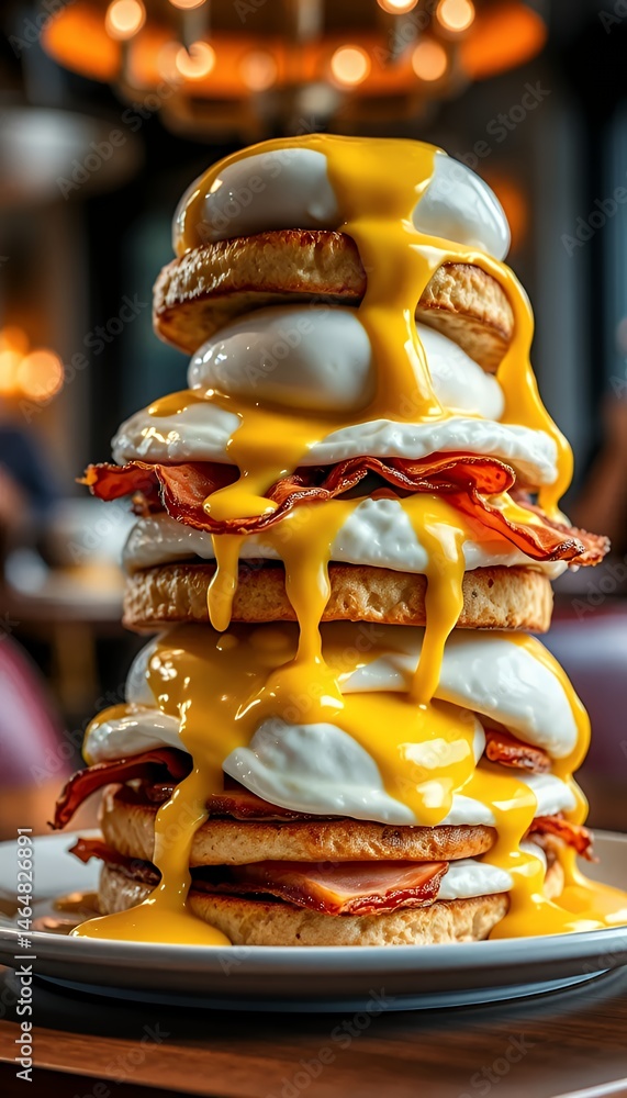 Aufkleber tall stack of bacon and poached eggs with hollandaise sauce dripping in a warmly lit restaurant disp