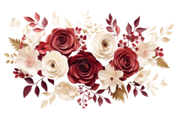 Burgundy Rose Harmony: A close-up capture of a meticulously arranged bouquet features an array of burgundy roses with white rose and additional floral elements, conveying elegance and charm.