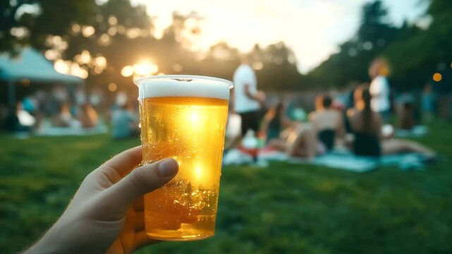 Hand with plastic cup filled with cold beer, condensation dripping, festival-goers spread out on picnic blankets in lush green field