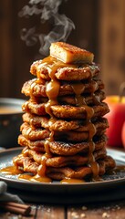 Tall Stack of Golden Brown Apple Fritters Drizzled with Caramel Sauce on a Dark Wooden Table Warm Lighting