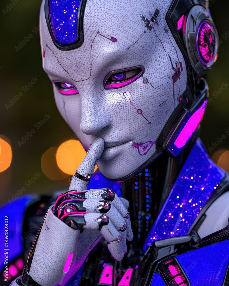 Poster futuristic robotic figure with glowing features representing the intersection of technology and cons
