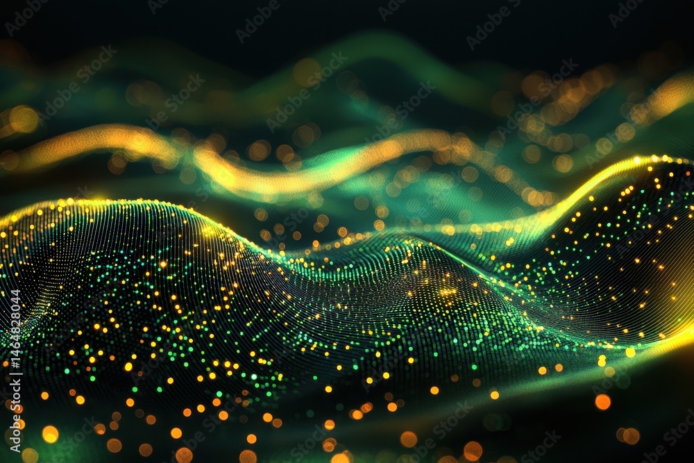 Wall mural ** abstract digital landscape with glowing particles and wavy patterns in green and gold tones..**