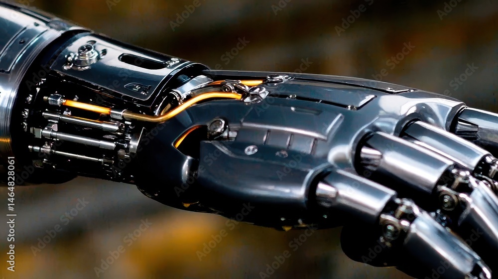 Poster detailed view of a futuristic robotic hand with intricate mechanical components and advanced technol