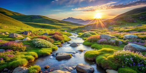 Naklejka premium Serene Sunset Landscape A Gentle Stream Flows Through Vibrant Wildflowers and Rolling Green Hills, Bathed in the Golden Light of the Setting Sun