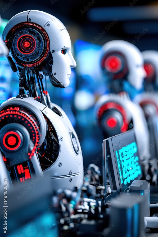 Poster intricate robotics and machines exploring the depths of consciousness in a futuristic existence amid