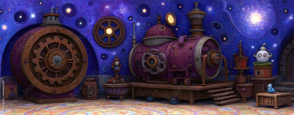 Poster Surreal Workshop of Cosmic Machines and Robotic Elements in a Mystical Universe with Vibrant Colors and Detailed Machinery
