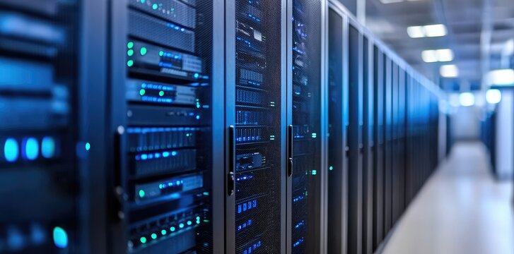 Modern data center interior with rows of secure server racks and vibrant blue indicator lights, ideal for cloud computing, networking infrastructure, and IT service visuals