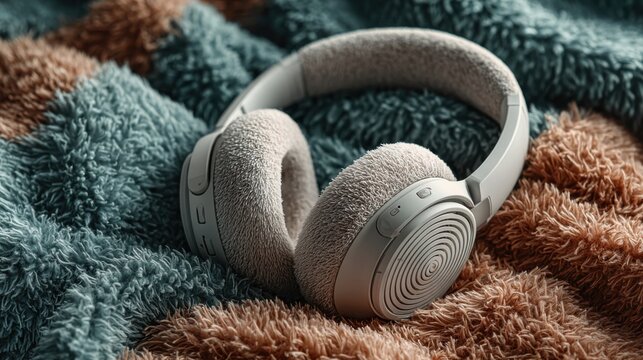 Soft fleece headphones resting on cozy textured blanket in muted tones perfect for home comfort visuals, winter lifestyle campaigns and relaxing music advertisements