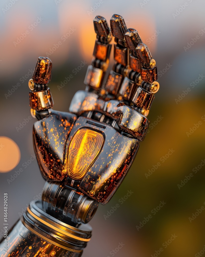 Poster futuristic robotic hand symbolizing consciousness and existential themes in a surreal cosmic setting