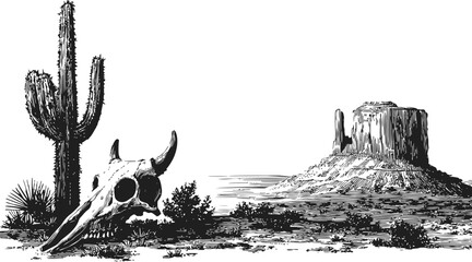 Desert landscape with cactus, animal skull, and rock formation illustration. Vector illustration