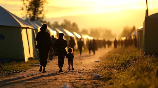 A line of refugees with a woman and child at the front, walking past tents and aid stations, demonstrating the ongoing migration crisis and the search for shelter and safety