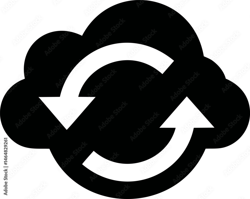 Poster black cloud with rotating arrows symbolizing data synchronization concept. vector illustration