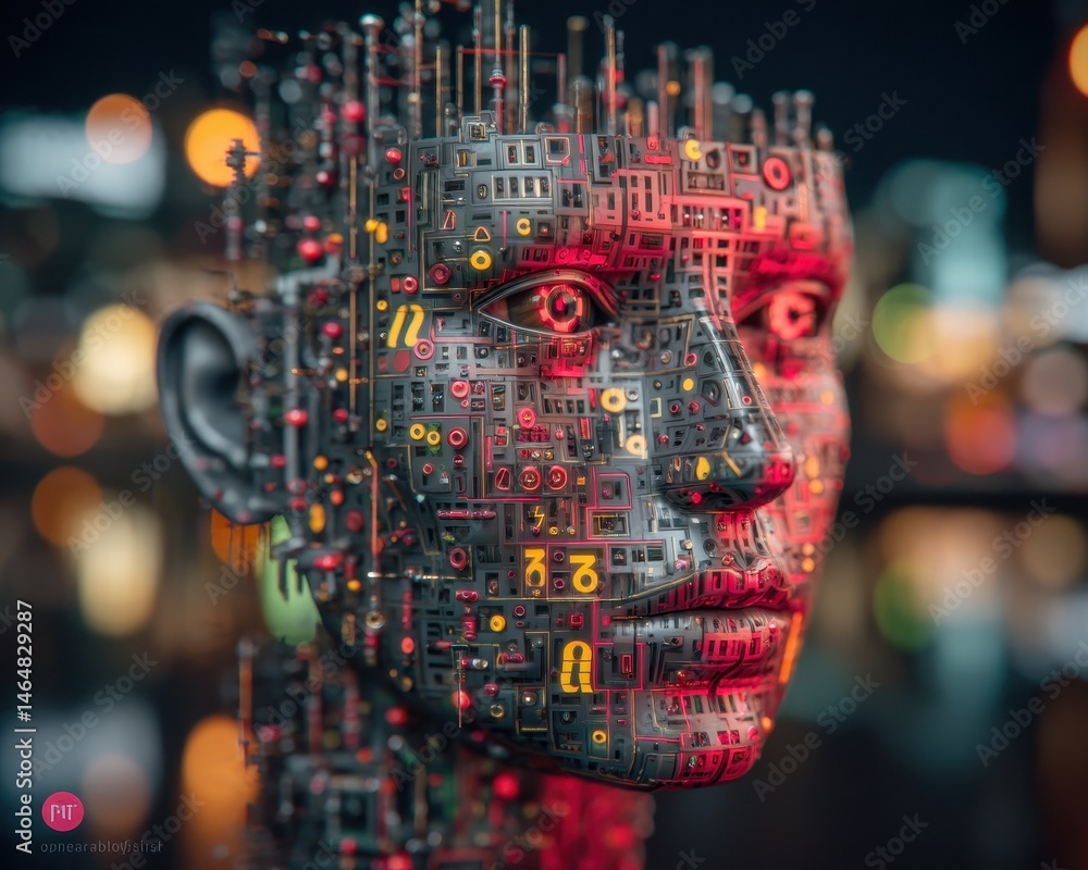 Poster intricate robotic face with existential themes and futuristic machines representing consciousness an