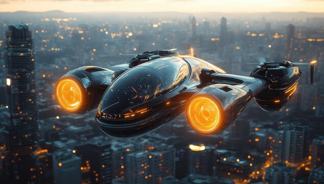 Futuristic flying car city flight.