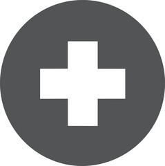 Obraz premium White cross centered on a dark gray circle symbolizing medical aid. Vector illustration