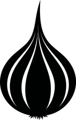 Black and white vector graphic of an onion with stylized stripes. Vector illustration