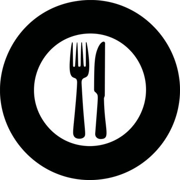 Silhouette of fork and knife inside black circle. Vector illustration