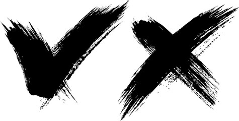 Brush-stroke style black check mark and cross. Vector illustration
