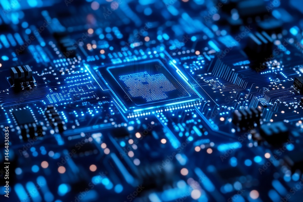 Poster close-up of illuminated circuit board with central processor chip