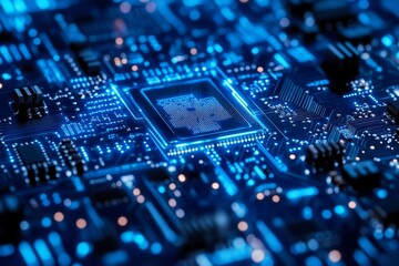 Obraz premium Close-up of illuminated circuit board with central processor chip