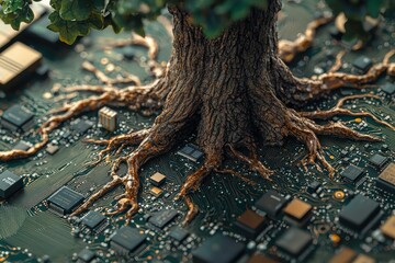 Fototapeta premium Tree Roots Intertwined with Circuit Board Illustrating Nature and Technology Fusion Concept