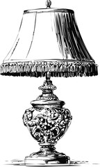 Ornate table lamp sketch in black and white, classical design illustration. Vector illustration