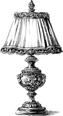 Intricate vintage table lamp sketch with ornate floral details, black and white. Vector illustration