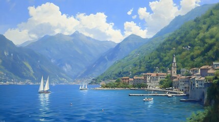 Fototapeta premium Coastal village and sailboats in a mountainous bay with clear skies